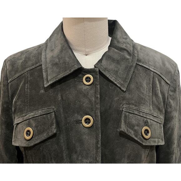 Ann Taylor Loft Jacket Womens 6 Green Suede Button Front Utility Moto - Picture 3 of 7